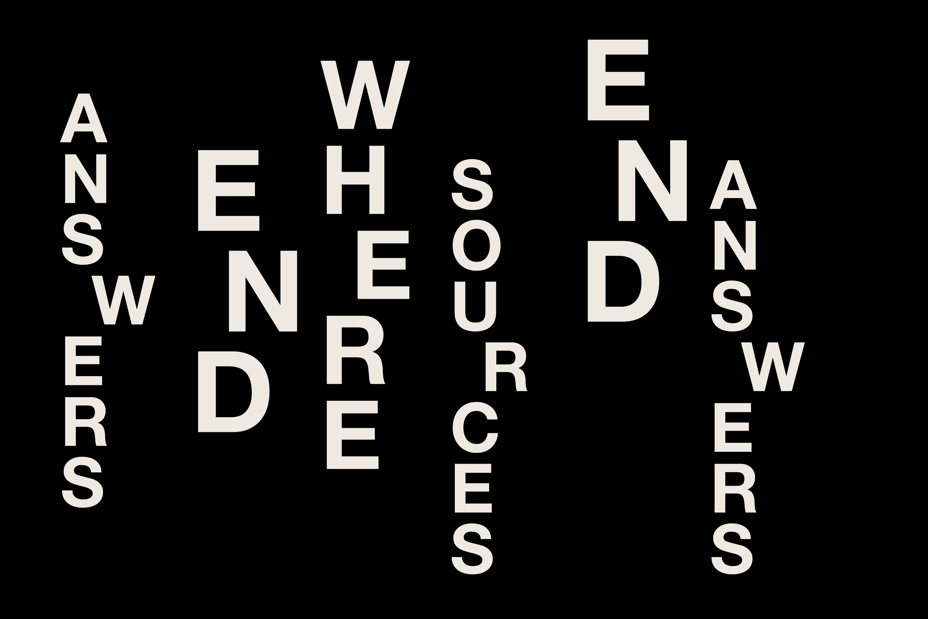 White typography on black reading “Answers end where sources end answers.”